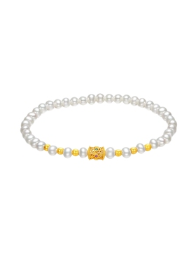 周六福淡水珍珠手串金珠点缀S925银复古手链手饰送女友节日礼物