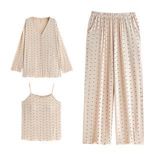 家乐芬带胸垫睡衣女士春秋款莫代尔长袖夏季薄款冰丝吊带三件套装