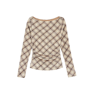 MULVAN 格调碎片 复古格纹网纱船领针织衫女褶皱晕染长袖打底上衣