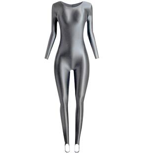 弹力丝滑光泽紧身运动连体衣健美裤开裆女长袖连踩脚演出服舞蹈衣