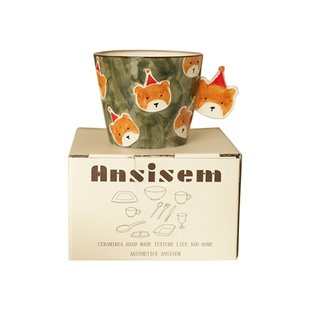 原创可爱红帽小熊陶瓷咖啡杯猪口手握杯拿铁拉花高档精致生日礼物