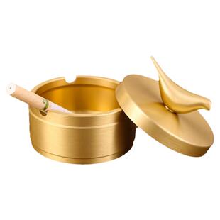 高颜值纯黄铜烟灰缸带盖子高端大气上档次家用客厅办公室灰缸纯铜