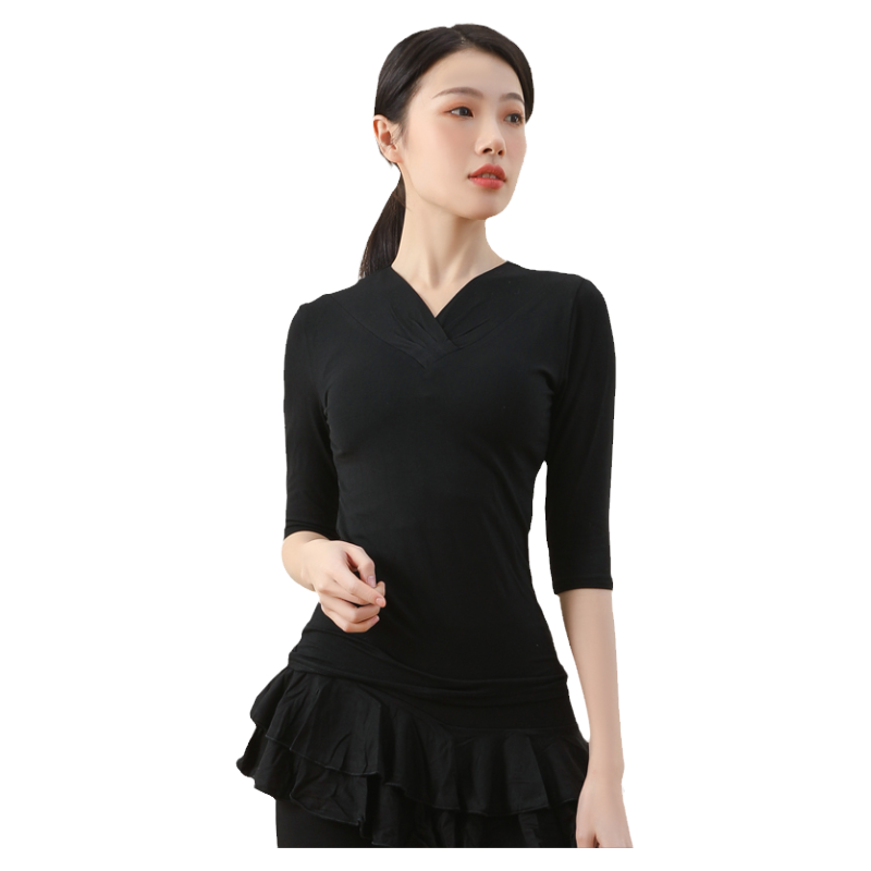 现代舞服装女舞蹈练功服莫代尔中袖v领新款黑色形体训练拉丁上衣