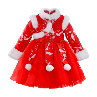 女童汉服公主裙连衣裙子女宝宝周岁礼服秋冬装儿童装新年装拜年服