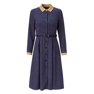 海青蓝 翻领连衣裙2025年新款秋冬女装新款高级中长款格子裙子