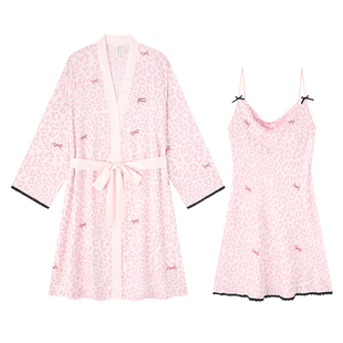 BE冰丝睡衣女款夏季长袖性感睡袍纯欲风吊带睡裙秋春豹纹丝绸浴袍