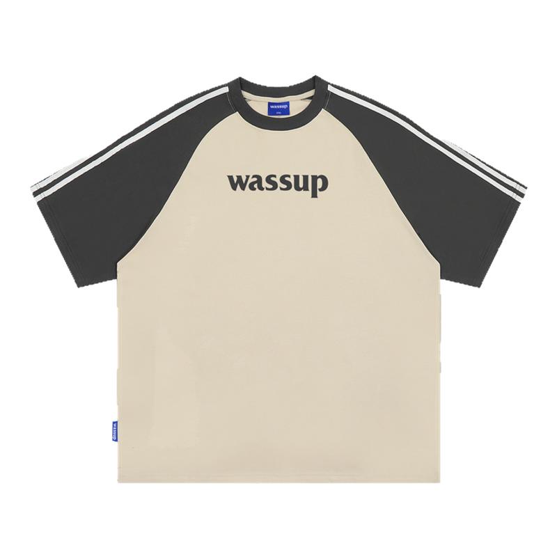 WASSUP字母插肩袖条纹T恤短袖男