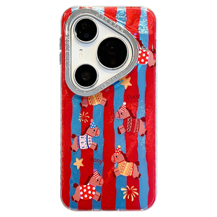 适用华为pura80pro+手机壳可爱红蓝条纹卡通小马pura70pro木马吊坠手绳p80/70/60电镀镜框mate80promax保护套