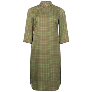 【青山绿水】美丽客栈中式复古格子改良旗袍绿色连衣裙女大码女装