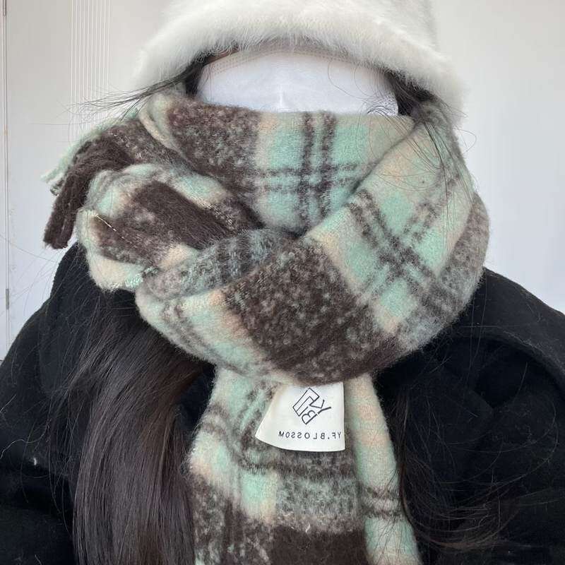 绿色复古格子围巾女秋冬季加厚保暖2025新款韩系氛围感学生大围脖