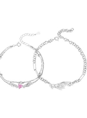 原创925纯银羽你相恋情侣手链ins小众感爱心羽翼手环七夕礼物