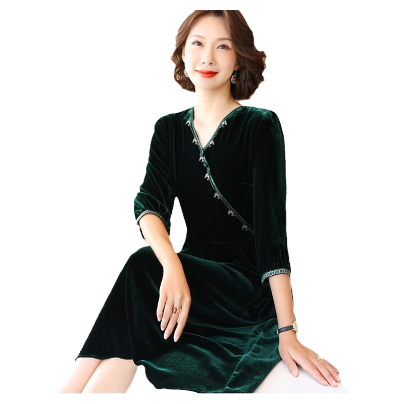 新款v领裙子丝绒婚宴真丝
