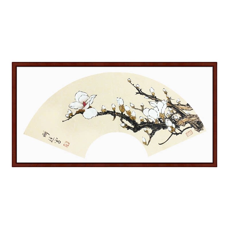纯手绘中式花鸟国画扇面玉兰