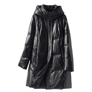 海宁真皮羽绒服女士中长款连帽加大码宽松外套冬90白鸭绒绵羊皮衣