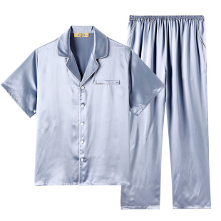 美标新款短袖真丝睡衣套装男士春秋桑蚕丝19姆米重磅丝绸家居服夏