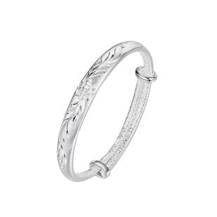 香港正生9999足纯银情人节牡丹花手镯实心推拉母亲节妈妈长辈老人