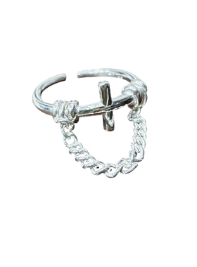 韩代S925纯银十字架链条戒指ins时尚百搭开口食指戒潮酷个性轻奢