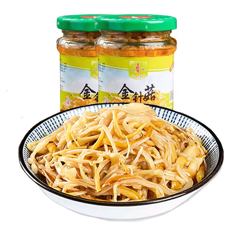 山民金针菇168g*2罐即食鲜嫩油焖金针菇罐装脆笋下饭菜凉拌海蜇