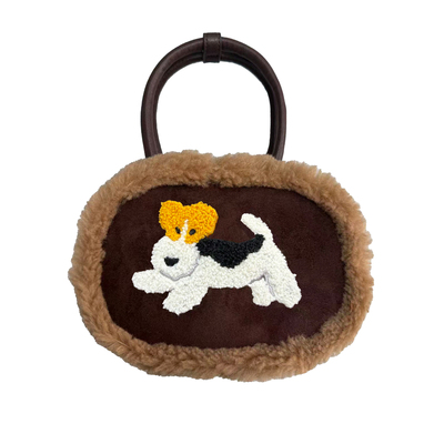 秋冬麂皮毛绒小狗刺绣波士顿包