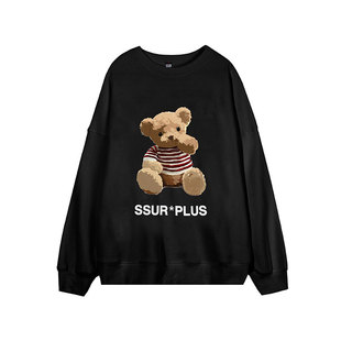 达人潮轩 ICONSLAB联名SSUR PLUS小熊圆领卫衣男女情侣潮牌套头衫