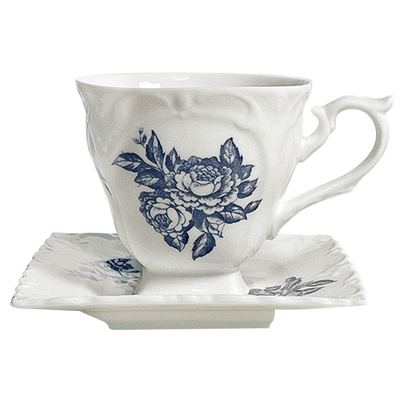 复古森林法式浮雕钴蓝玫瑰花纹陶瓷下午茶具方底咖啡杯碟拍摄道具