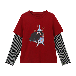 布丁哈鲁春装女童童装上衣2026春季新款儿童条纹卡通假两件T恤