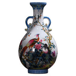 景德镇陶瓷花瓶仿古手绘翠边锦鸡小玉壶春中式博古架明清古典摆件