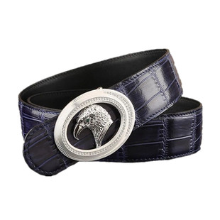新款24K黄金扣皮带男士镀金平滑扣蓝色牛皮鳄鱼纹真皮牛仔裤腰带