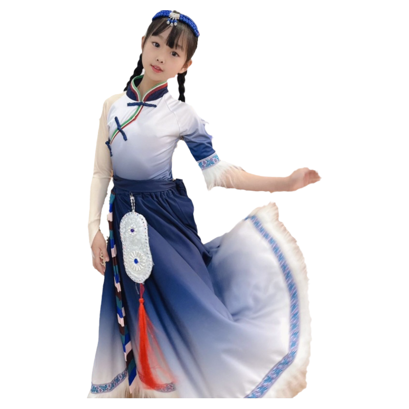 藏族舞蹈儿童演出服新款渐变色藏服民族风女童表演服半身裙大摆裙