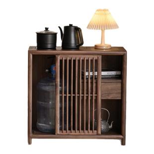 新中式实木茶桌侧边茶水柜客厅靠墙烧水壶一体黑胡桃木沙发边柜