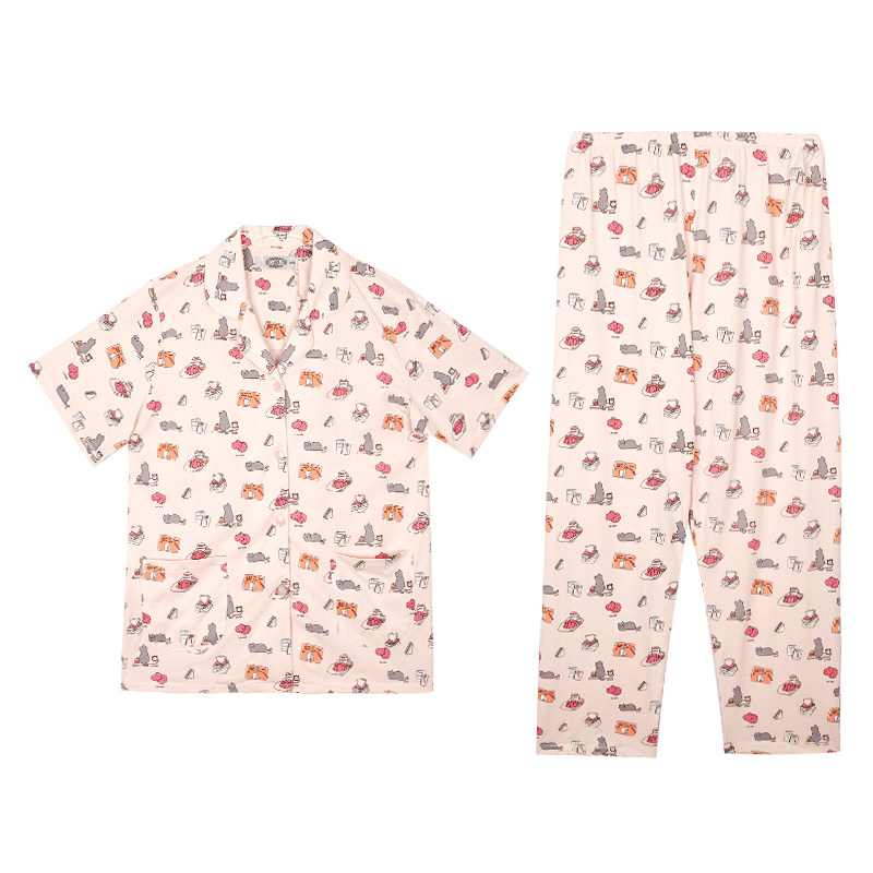 美标可爱卡通印花睡衣女夏季纯棉短袖衬衫领家居服翻领套装可外穿