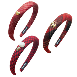 复古格纹发箍儿童新年头箍马年头饰女童甜美不勒头小女孩过年发饰
