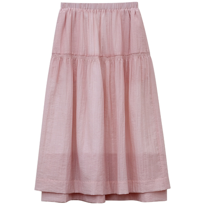 粉色温柔松紧腰中长半身裙双层