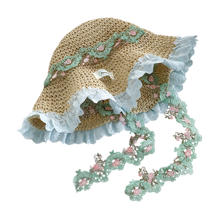 田园风花边飘带镂空编织草帽女士夏季海边沙滩大帽檐遮阳防晒帽子