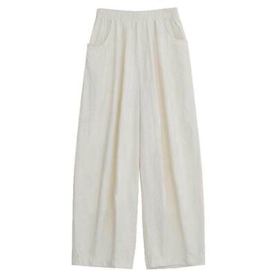 松紧高腰褶皱阔腿休闲裤