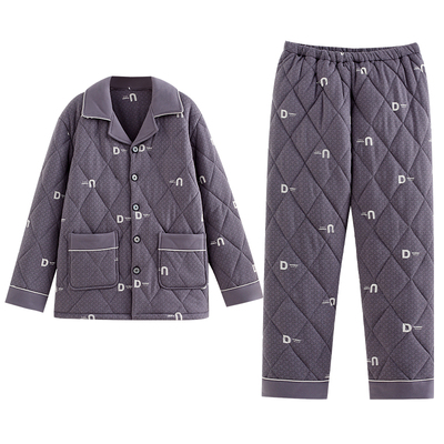 芬腾睡衣男士冬季三层加厚加绒纯棉夹棉男款珊瑚绒棉袄冬款家居服