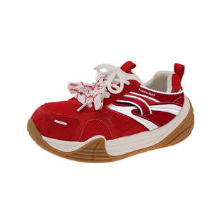 两点浪漫2025秋冬新款红色厚底运动休闲老爹鞋时尚潮流德训鞋男女