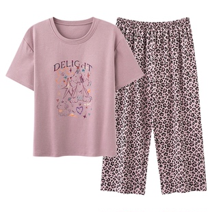 芬腾可安睡衣女款2026新款夏季纯棉带胸垫短袖七分裤紫家居服夏天