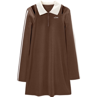 乐町复古美式学院风Polo连衣裙女秋冬新款撞色镂空设计翻领长袖裙