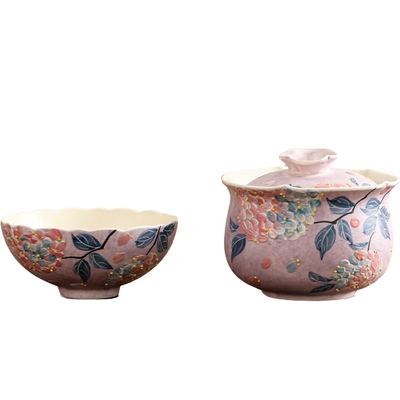 初伍手绘绣球花盖碗女士泡茶器