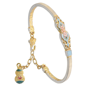 吴越老银铺鎏金珐琅彩手镯女民族风花朵葫芦挂坠开口纯银手镯百搭