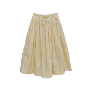 Grass&Wood条纹半身裙松紧腰中长款休闲长裙黄色百褶小众下装新品