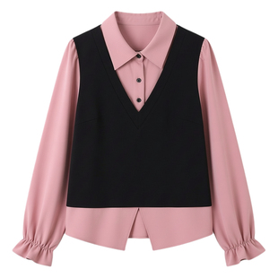 大码女装假两件套头衬衫气质2026春季新款显瘦胖MM短款上衣长袖