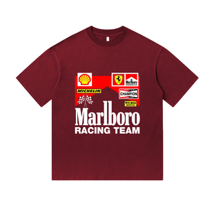 法拉利F1比赛车服万宝路印花纯棉圆领短袖T恤衫男装宽松休闲衣服