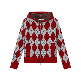 FUNKYFUN 菱格撞色缝线双拉链开衫连帽针织毛衣外套