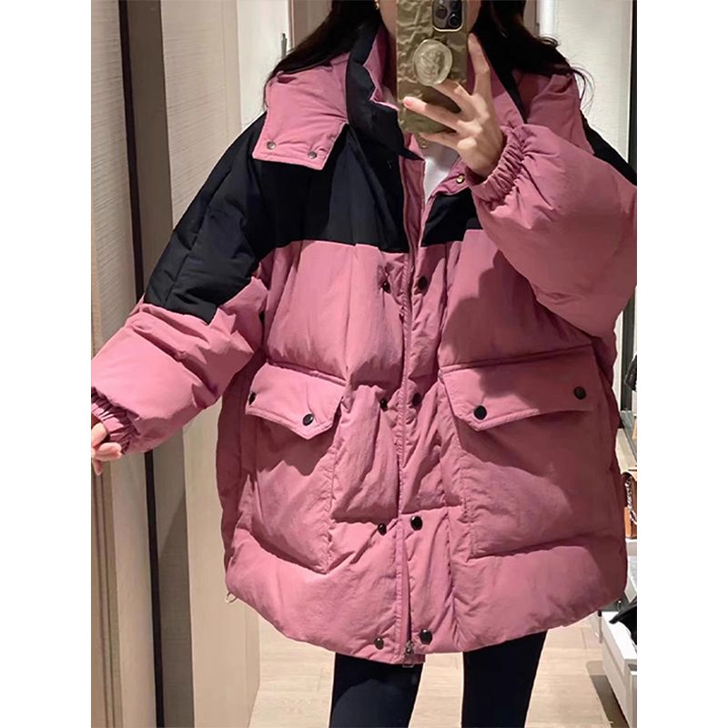 300斤胖mm学院风撞色连帽羽绒棉服女大码女装加厚保暖玫红色外套