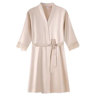 浪莎冰丝睡袍女夏季七分袖系带性感高级凉感丝绸蕾丝晨袍浴袍睡衣