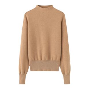 阿绒源100山羊绒半高自带领女套驼色短款针织衫宽松内搭休闲毛衣