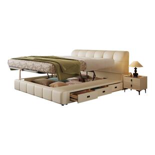 政府补贴蓝色理想泡芙平移气压真皮床主卧双人床1.8米储物软包床