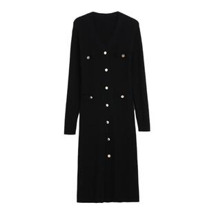 蒲PUKKA 秋冬羊毛针织连衣裙V领长袖单排扣中长款修身内搭女裙